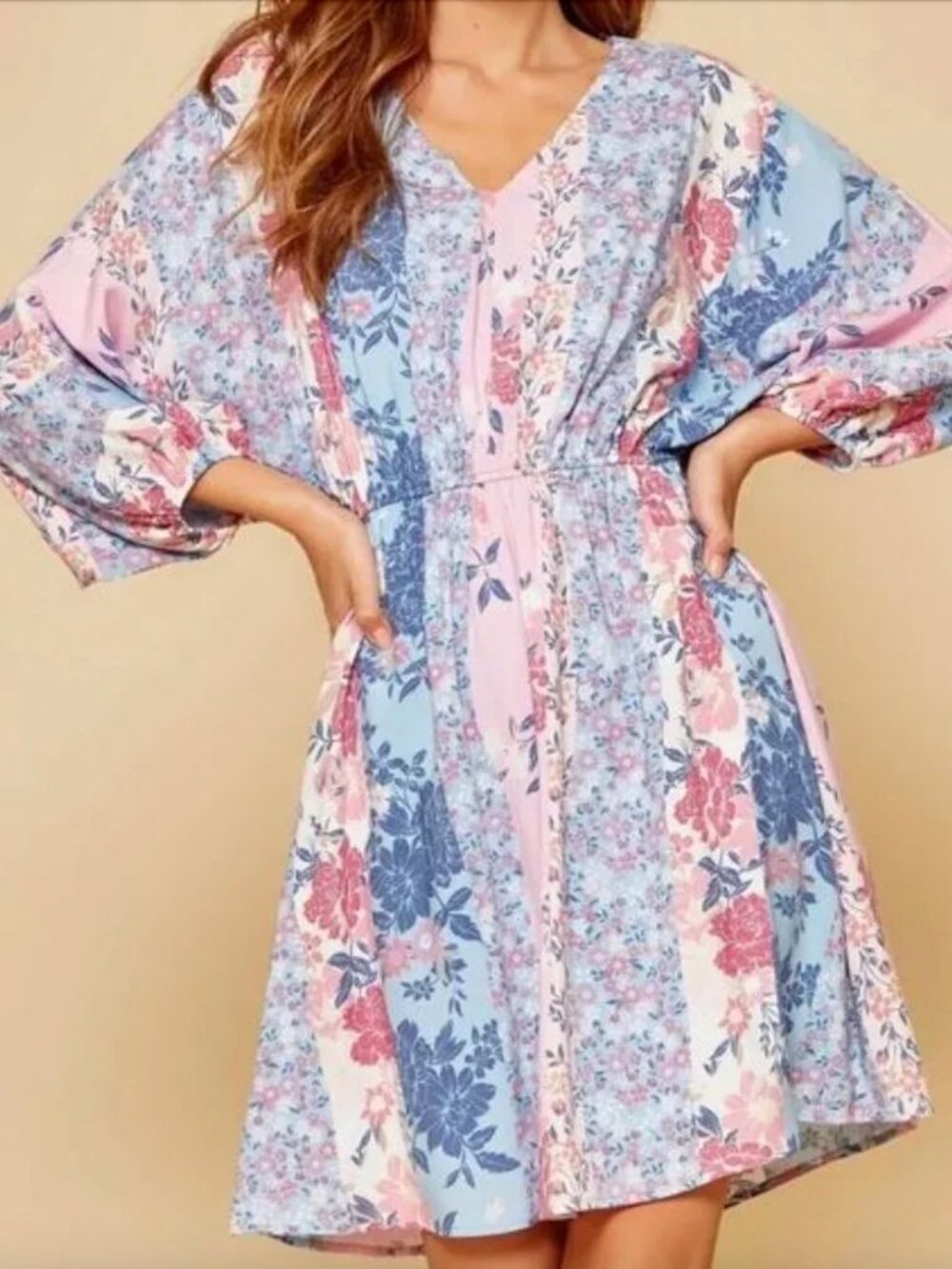 Andree by Unit M NWT Pastel Floral Patchwork Dolman Boho Chic Dress Savanna Jane